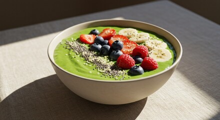 Delicious Green Smoothie Bowl with Berries Banana Chia Seeds Healthy Breakfast