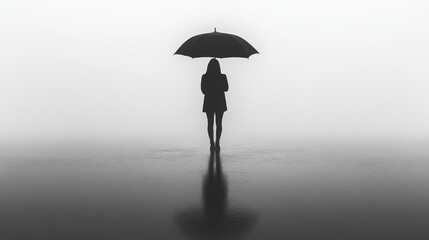 A simple design for an exhibition poster, photo of person holding umbrella in background. with subtle gradient background color from light gray to dark grey,