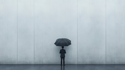 A simple design for an exhibition poster, photo of person holding umbrella in background. with subtle gradient background color from light gray to dark grey,