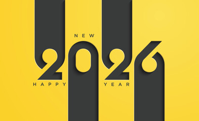 Happy New Year 2026 text design. Business diary cover for 2026 with wishes. Brochure, card, banner design template. Vector illustration. Isolated on yellow background.