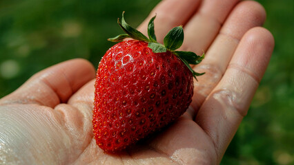 Fresh ripe strawberry held gently in hand close up view