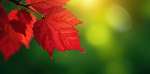 Starburst red sweetgum leaves, soft green bokeh, vibrant, background