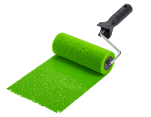 Mini Paint Roller with Bright Green Paint Stroke, isolated on transparent background