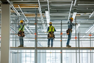 Crew working on overhead structures during building fit-out