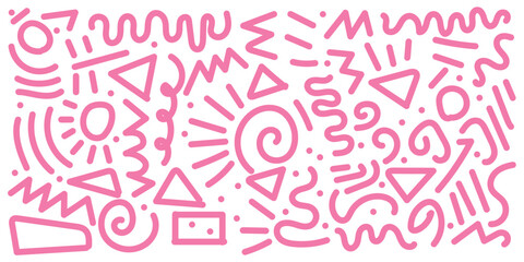 Abstract pink color line doodle seamless pattern set. Creative fun squiggle style drawing background collection with basic shape symbol. Simple geometric scribble wallpaper print in eps 10.