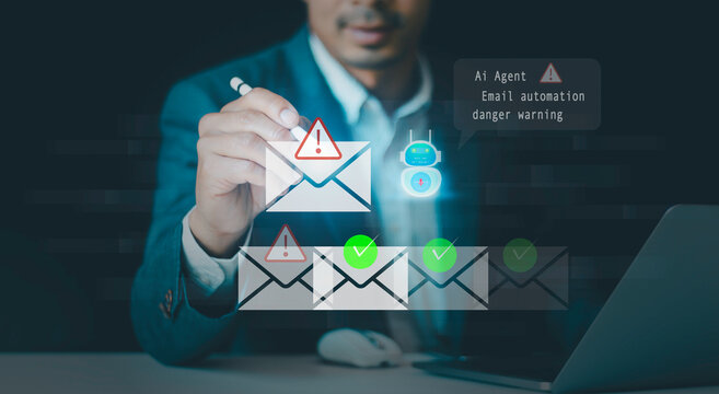 AI chatbot email assistant on laptop, automation danger warning,  communication risks, system error alerts in intelligent message management inbox, cybersecurity threat, scam email, spam detection