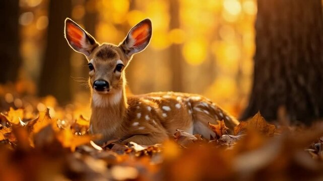 A fawn resting among fallen leaves in a forest with a bright golden light shining through the trees video