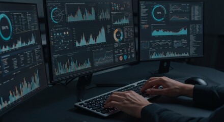 Data Analyst Working on Multiple Monitors with Financial Charts and Graphs