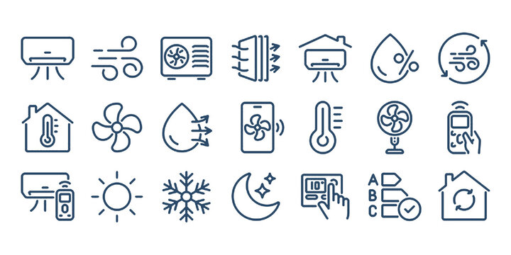 Air conditioner editable stroke outline icons set isolated on white background flat vector illustration.	
