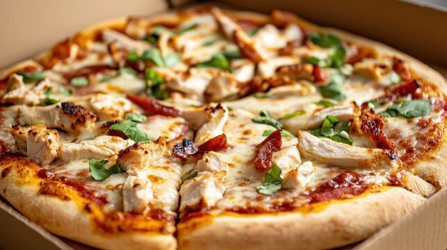 Appetizing chicken bacon pizza in box