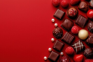 Gourmet pralines with raspberries and pearls top view