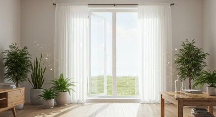 Serene Minimalist Living Room Interior Design with Plants and French Doors Sunlit and Peaceful