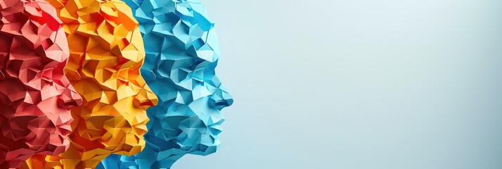 Colorful geometric human faces symbolizing world humanist day celebration. Horizontal banner. Copy space. World population day