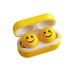 Yellow smiley face contact lens case cute travel accessory storage container eye care personal hygiene product on transparent background