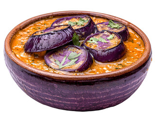 Traditional Indian Eggplant Curry in a rustic bowl showcasing vibrant purple eggplants cooked in spicy tomato-based sauce garnished with fresh herbs