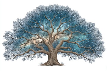 Cosmic Oak Tree Teal Galaxy Within Branches