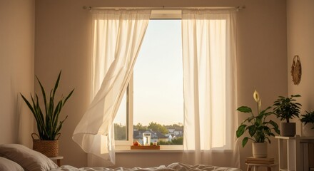 Serene Bedroom Interior Sunlit Window with Sheer Curtains Plants and Peaceful Ambiance
