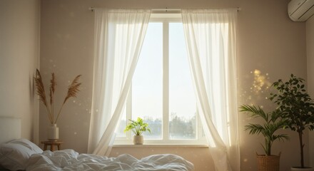 Serene Bedroom with Sunlight Streaming Through Sheer Curtains Plants and Minimalist Decor