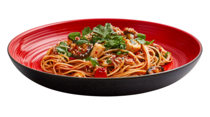Delicious cooked spaghetti pasta dish with vegetables and herbs served in a stylish red and black bowl on a white background perfect for food photography