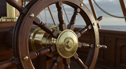 Polished Mahogany Ship's Wheel with Brass Accents Awaits Command