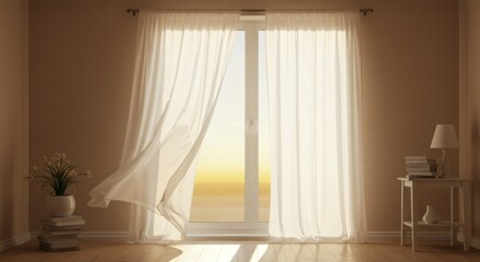 Serene Bedroom Interior Sheer Curtains Blowing in Gentle Breeze Sunlight Streaming Through Window