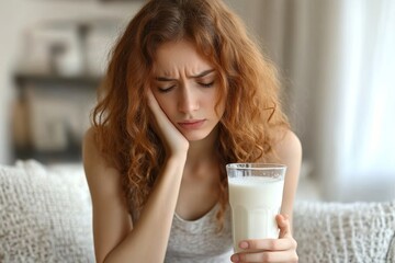 Lactose intolerance concept. Woman having a stomachache after drinking milk, a reaction to lactose sensitivity., Generative AI