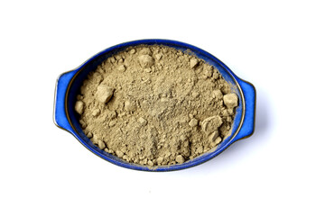 Gotu kola powder (Centella asiatica) in a wooden spoon on white background.