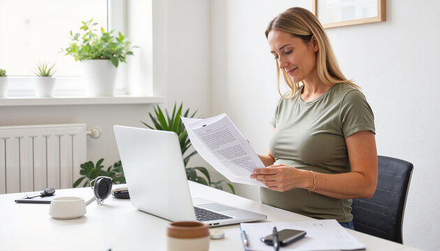 Pregnant woman reading documents while sitting at desk in home office  