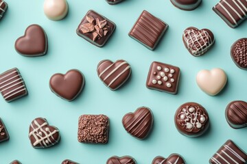 Assorted gourmet chocolates on blue background