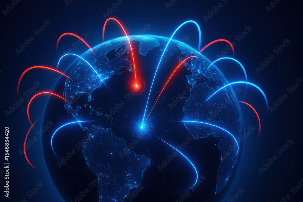 Poster digital connections illuminate globe, showcasing vibrant blue and red lines representing data flow a