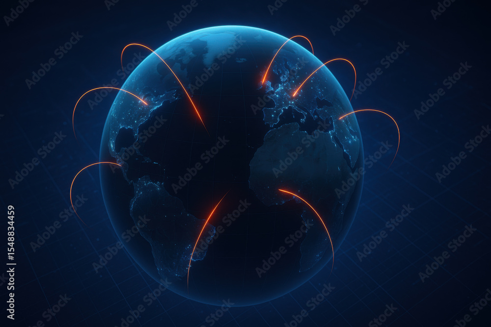 Poster digital representation of globe with glowing lines connecting various locations, symbolizing global 