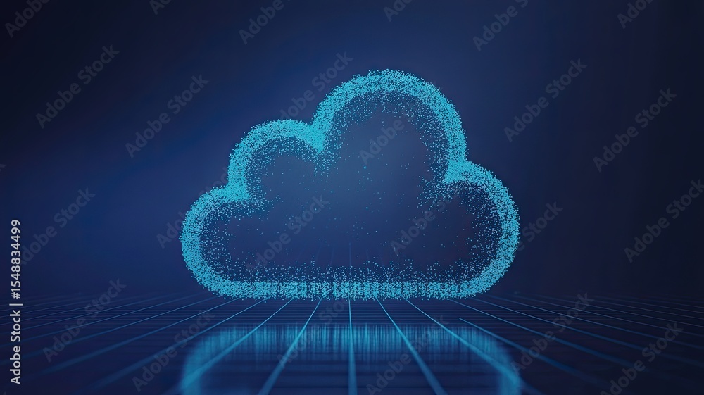 Poster abstract cloud computing illustration featuring a digital cloud made of particles with a futuristic 