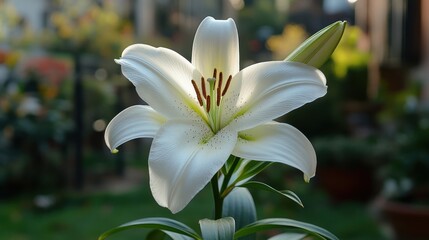 Fototapeta premium A beautiful white lily with water droplets glistening in the sunlight set against a blurred garden background with green grass and foliage