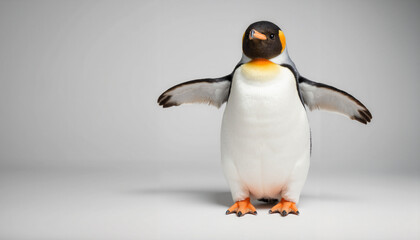 Fototapeta premium Penguin standing with wings outstretched on a gray background 