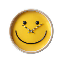 Yellow smiley face wall clock time decor modern design home office kitchen happy expression timepiece round on transparent background