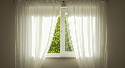 Sheer White Curtains Draped Open Sunlight Streaming Through Window Green Trees Visible