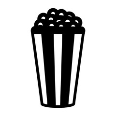 Black and white icon illustration of popcorn overflowing from a striped container