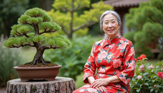 Elderly Asian woman smiling in red kimono beside bonsai tree  