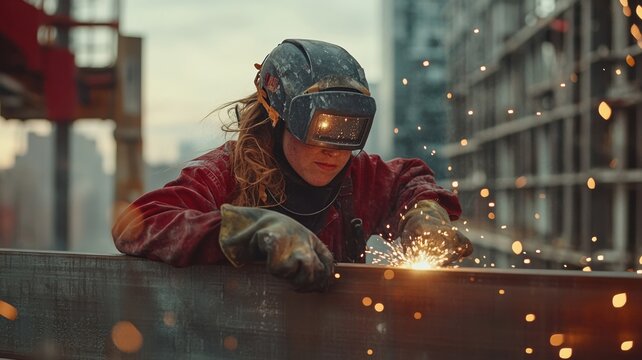 Female welder working with sparks in industrial setting