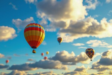 Colorful hot air balloons flying through blue sky