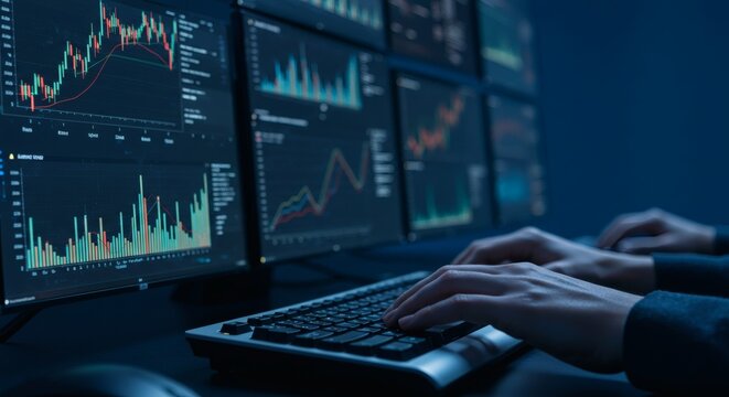 Stock Market Analyst Working Late Analyzing Financial Data on Multiple Monitors