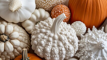 Close-up of various white and orange gourds and pumpkins