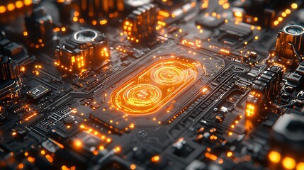 Isometric Cityscape Circuit Board with Glowing Orange Components