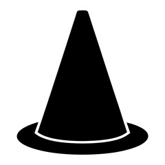 Simple black silhouette of a witch hat on a plain white background
