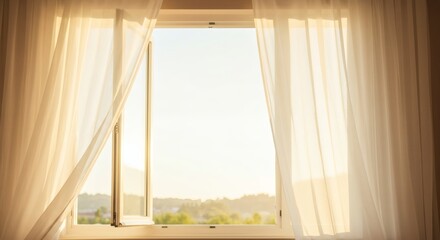 Serene Sunlight Streaming Through Sheer Curtains and Open Window Illuminating a Tranquil Landscape