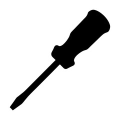 A simple black silhouette of a standard flathead screwdriver on white