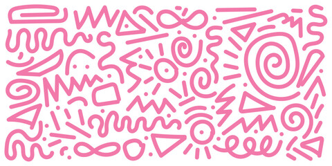 Abstract pink color line doodle seamless pattern set. Creative fun squiggle style drawing background collection with basic shape symbol. Simple geometric scribble wallpaper print in eps 10.