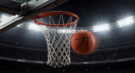 Fototapeta premium Dramatic Basketball Swish: Arena Lights Highlight Perfect Shot