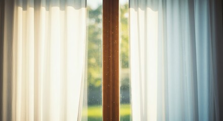 Sheer White Curtains Draped Over Window Sunlight Streaming Through Natural Light Home Interior