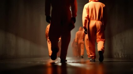 Inmates moving along a poorly lit prison corridor while wearing bright orange uniforms - Powered by Adobe